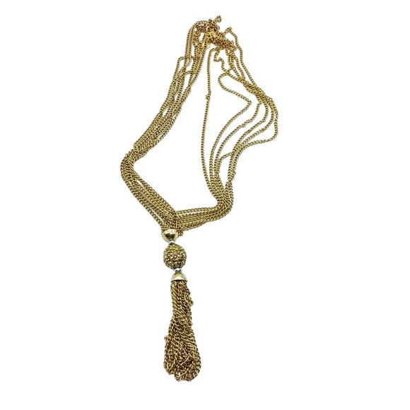 Vintage Talbots Multi Strand Chain Necklace with Tassel and Crystal Bead in Gold - Picture 2 of 4